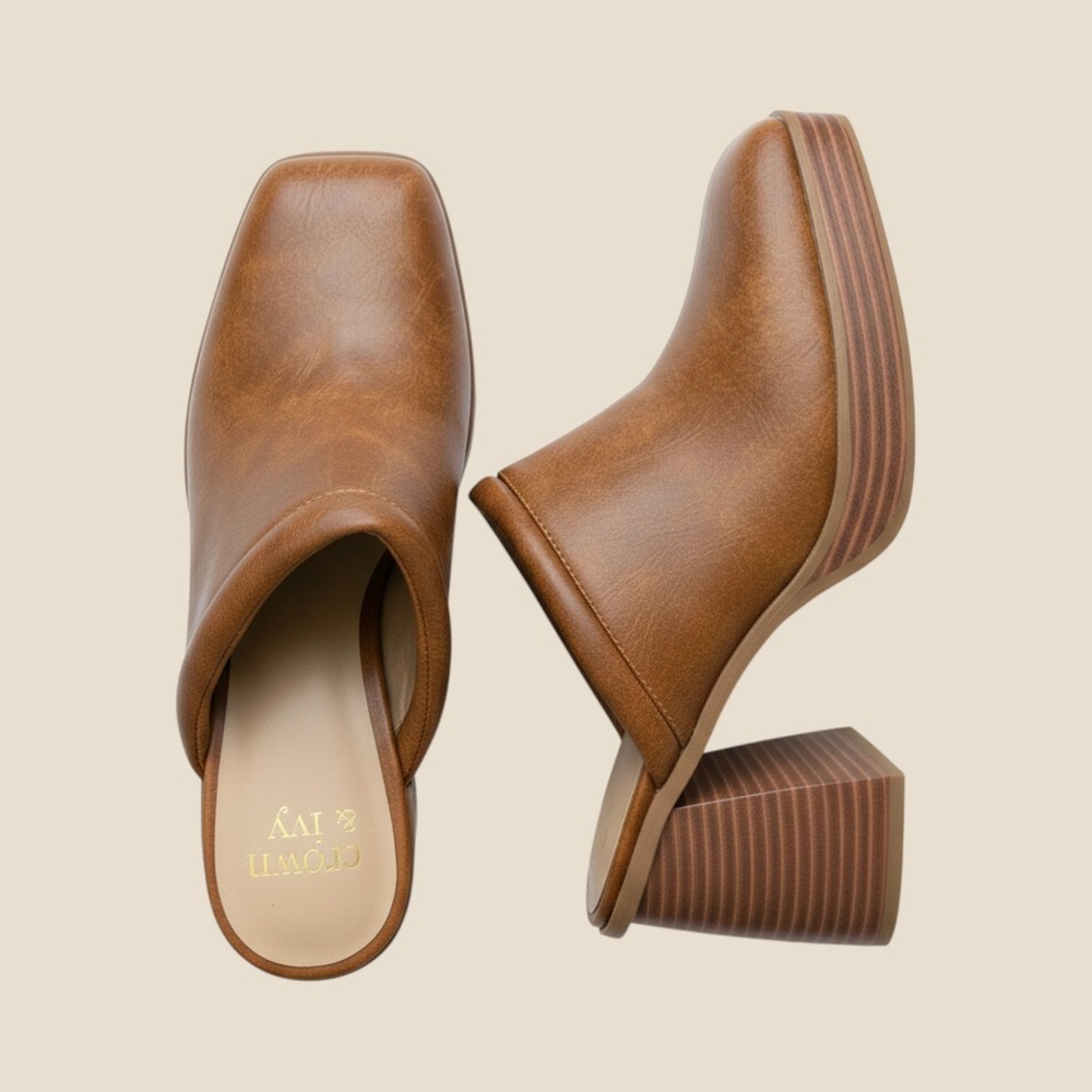 Crown & Ivy‎ Lewis Cognac Brown Square Toe Platform Block Heel Mules Womens 8M
